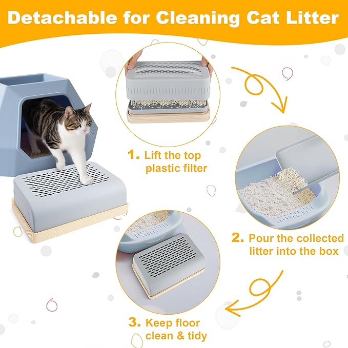 Cat Ramp for Litter Box with Wooden Base, Catcan Litter Box Step with Filter Function Double Layered Self-Cleaning Cat Litter Trapper for Small & Elderly Cats