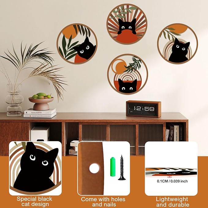 MDFUGEG Boho Black Cat Wall Decor,Black Cat Room Decor Aesthetic,4 PCS 10x10 Inches Mid Century Bohemian Abstract Moon and Sun Metal Sign for Nursery,Living Room,Bedroom,Cat Lover Gifts