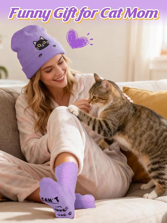 Cat Beanie and Funny Socks for Women - Cute Warm Gifts for Cat Lovers