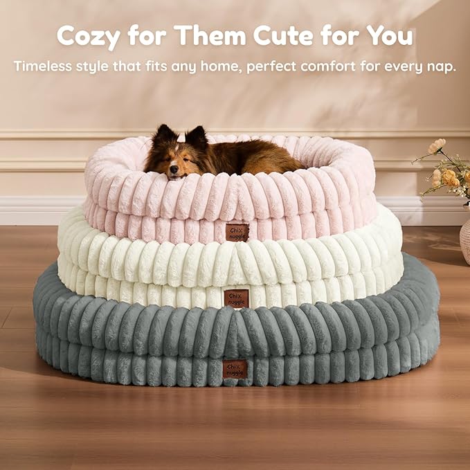 ChiXnuggle XL Dog Bed - Luxury Striped Faux Fur Waterproof Pet Couch with Removable Washable Cover, Orthopedic Dog Bed with Bolster Sides for Sleeping, Grey