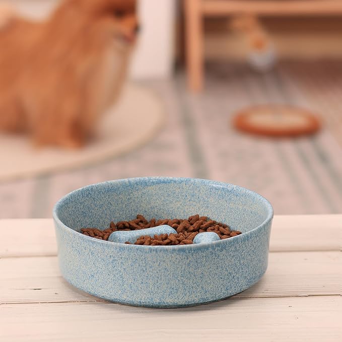 Ceramic Slow Feeder Cat Bowls 6 Inch Cute Bone Slow Feeding Dog Food Bowl,Whisker-Friendly, Anti-Vomiting Feeder for Cats and Small Dogs Non Slip Dishwasher/Microwave Safe (Blue)