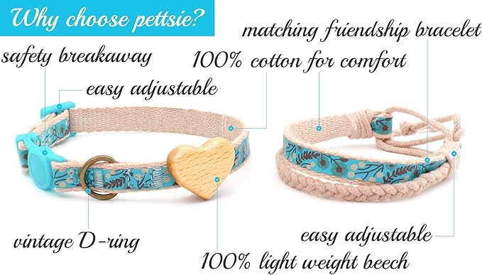 Pettsie Breakaway Cat Collar with Wooden Heart Charm & Matching Owner Bracelet – Soft Cotton, Adjustable Safety Collar for Cats, Lightweight & Stylish, 8"-11", Gift-Ready Set for Cat Lovers, Turquoise