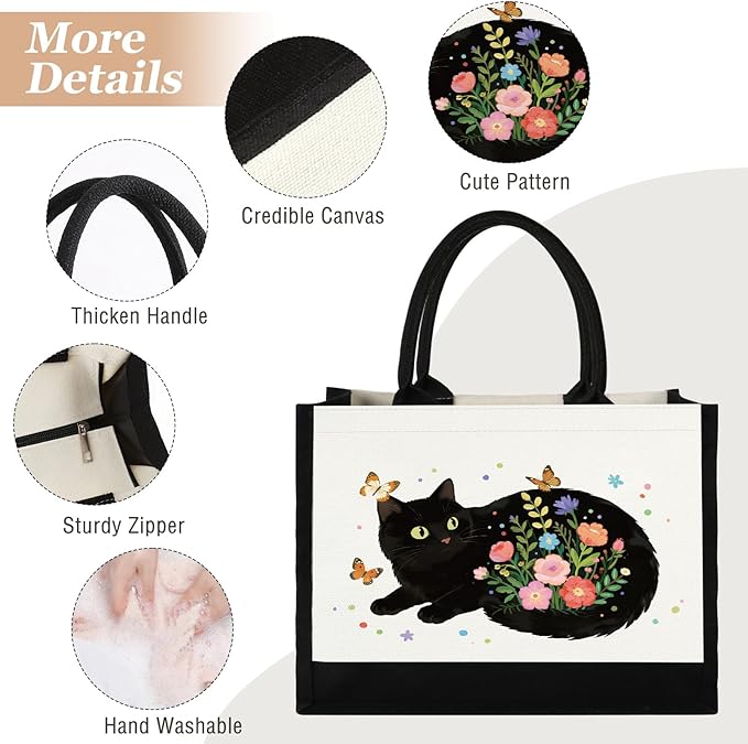 GevGuxLuo Canvas Tote Bag for Women, Cute Cat Gifts for Black Cat Lovers, Animal Lover Gift Aesthetic Cats Beach Bag Reusable Grocery Bag, Birthday Christmas Gift for Daughter Friends Sisters Bestie