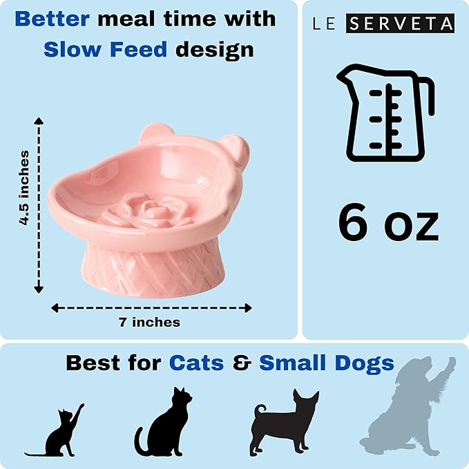 Winnie The Pooh Series Ceramic Slow Feeder Cat Bowl, Raised Anti-Gulping Design with Bear Ears, Pastel Colors, Quilted Pattern Base (Pink)