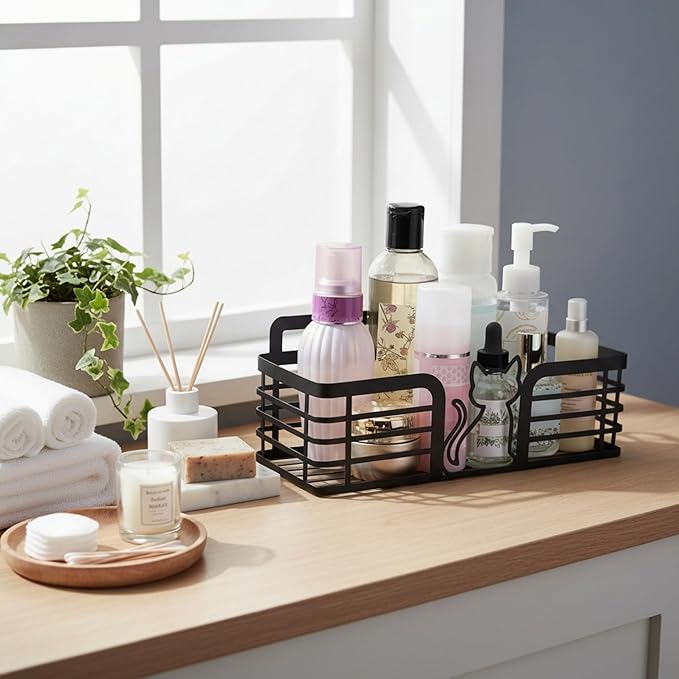 2 Pack Shower Caddy with Cat Black Metal Adhesive Shower Shelves Organizer Decorative Wall Mounted No Drilling Storage Shelf for Bathroom, Kitchen, Bedroom, Cats Lover Gifts