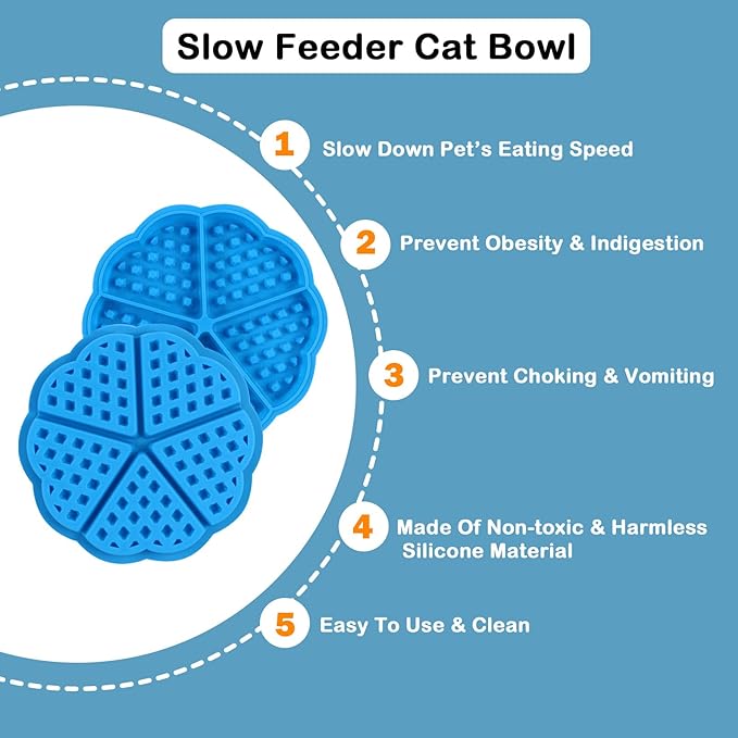 Silicone Cat Slow Feeder Bowl,Interactive Puzzle Toy with Grid Design, Prevents Overeating & Slows Eating, Easy-Clean Durable Dish (Blue)