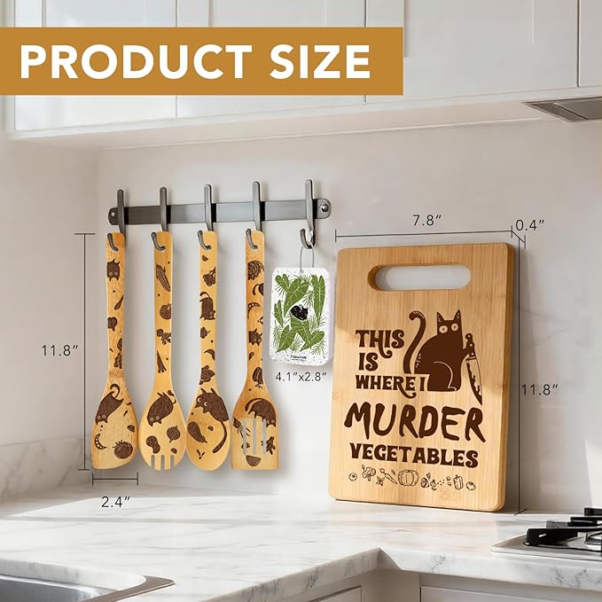 6 Pcs Cute Cat Lovers Kitchen Gifts Set for Cat Moms Dads, Funny Cutting Boards with Spoons & Sponge, Christmas Birthday Thanksgiving Housewarming Gifts for Women