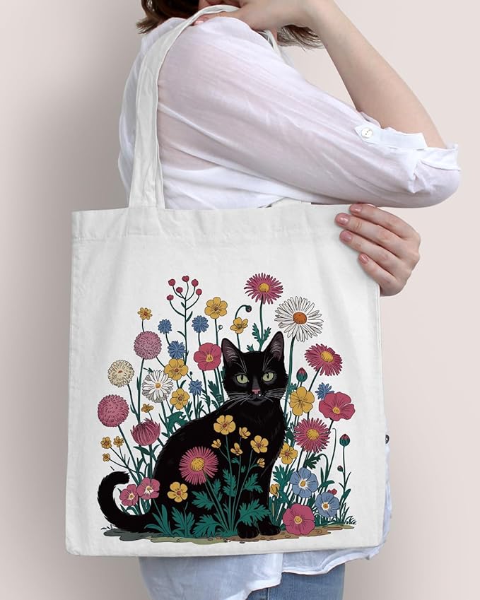 Cute Cat Canvas Tote Bag for Women Funny Cat Bag for Shopping Work Travel Lover Totes Gifts