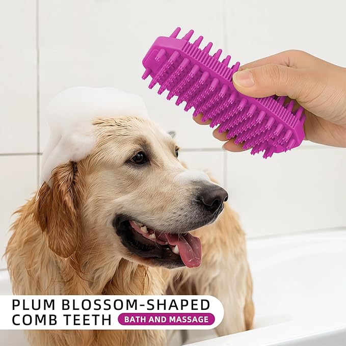 Rose Red 2-in-1 Double Sided Pet Bath Brush Dog Washing Brush Fine Pin Cat Deshedding Brush with Massage Pin Pet Grooming Tool for Dogs and Cats Remove Loose Hair Deep Cleansing
