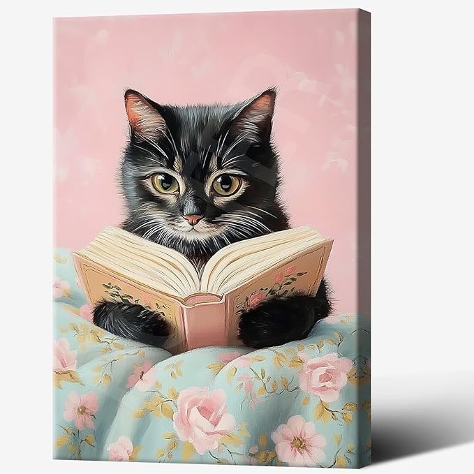 Vintage Cute Cat Canvas Wall Art Funny Cat Covered With Quilt Reading A Book Poster Trendy Cat Lovers Animal Aesthetic Prints Painting For Girls Room Bedroom Dorm Wall Decor 24x36in Framed