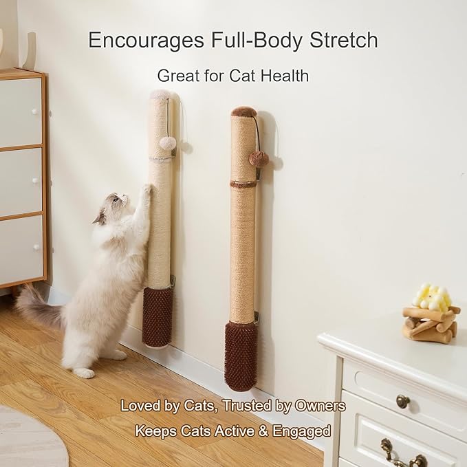 Wall Mounted Cat Scratcher, 34” Extra-Tall Vertical Sisal Scratching Post for Large Cats, Space-Saving Wall Cat Scratcher with Self Grooming Brush & Hanging Ball, Brown
