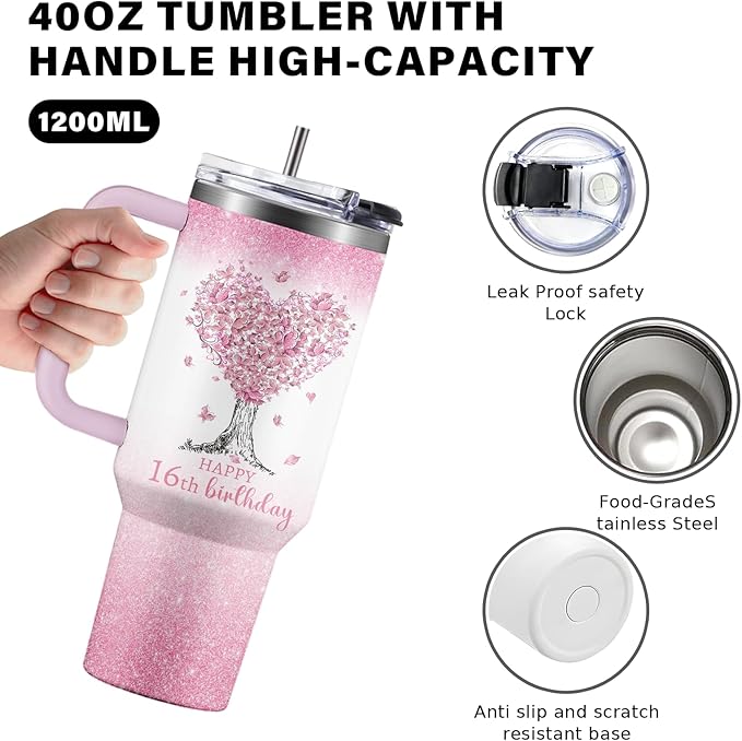 Gifts for 16 Year Old Girl - 16th Birthday Tumbler 40 oz with Straw, Pink Insulated Cup - Cool Birthday Present for Teen Girls, Daughter, Sweet 16 Gift