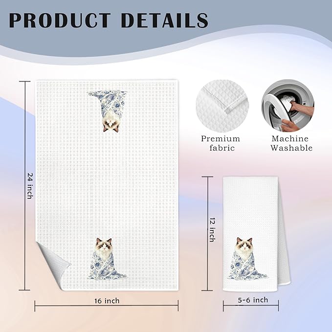 Blue and White Chinoiserie Ragdoll Cat Kitchen Towels, Ragdoll Cat Gifts Dish Tea Towels for Kitchen Decor, Cute Kitty Kitten Decorative Hand Towel Bathroom Yoga Spa Decor, 16x24 Inch