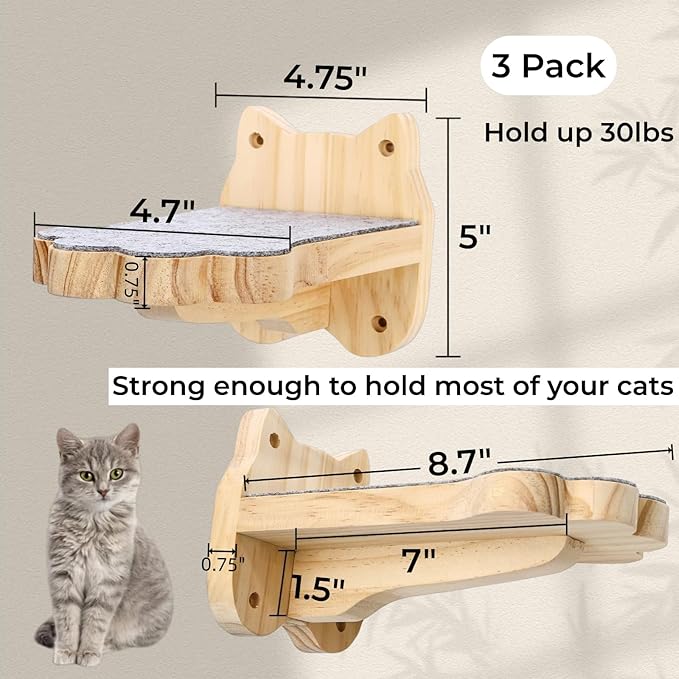 Tlence 3 Pack Cat Wall Shelves for Cats Steps, Wall Mounted Floating Cat Furniture with Non-Slip Felt, Cats Climbing Wall Stairs Perch for Jumping, Playing and Lounging, Holds up to 30lbs