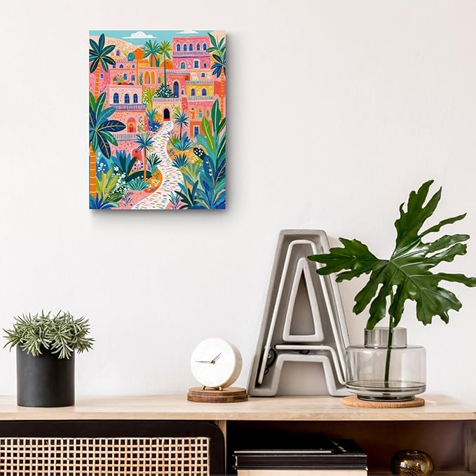 Pink Town Landscape Wall Art, Path with Palms Framed Canvas Print Modern Home Decor, Colorful Trendy Artwork Botanical Painting for Living Room Entryway Bedroom Office Decoration 15x11.4 inch