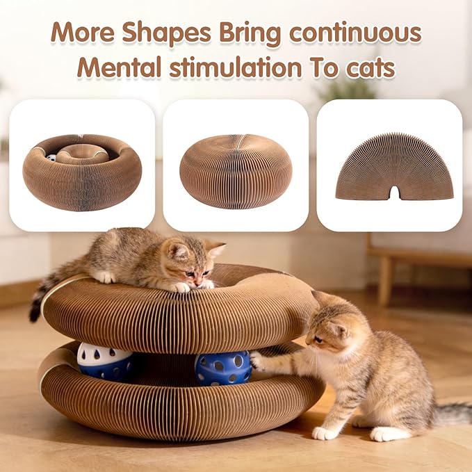 2Pack Extensible Extensible Cat Scratcher Cardboard Toy | Magic Accordion Scratching Pad with Bell Ball - Foldable & Reversible Interactive Kitty Play for Indoor Cats