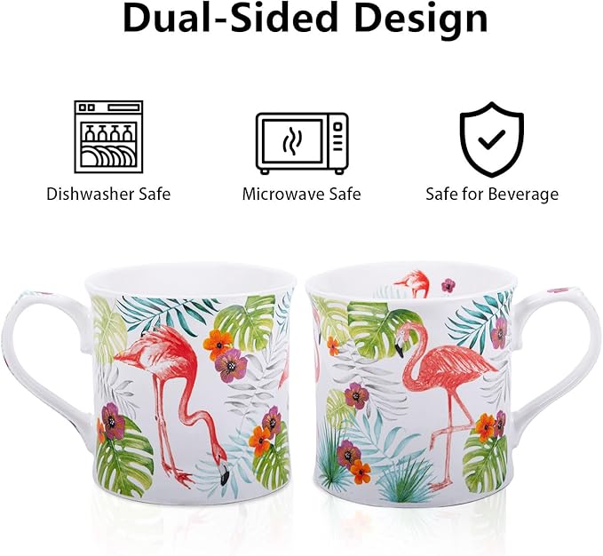 Flamingo Coffee Mug, Pink Flamingo & Tropical Plants Ceramic Mug, 12oz New Bone China Tea Mug, Birthday & Valentine’s Day Gift for Women & Girls, Designed in England by Harvest Green Studio