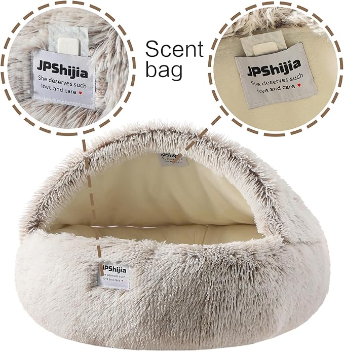 Hooded Dog Bed, Cat Cave Bed with Removable Hood, 2-in-1 Convertible Donut Cat Bed, All Season Fluffy Pet Bed for Cats Small Dogs (Cave Bed - Coffee Color, Medium 19.7 Inches)