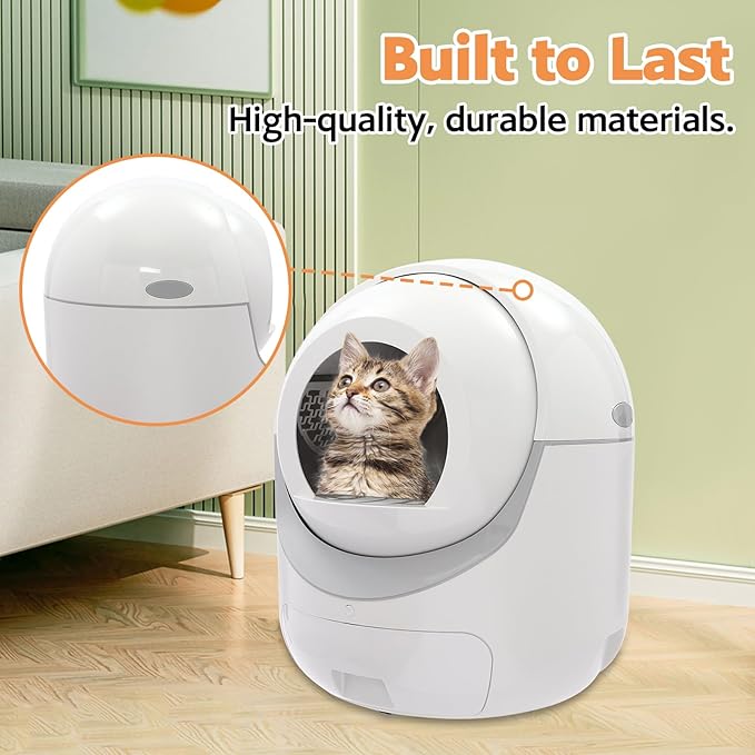 Smart Litter Box, Self-Cleaning for Multiple Cats with APP Control - Large Automatic Hooded Litter Tray, Hands-Free Cleaning for Cats Up to 22lbs, White Round Design