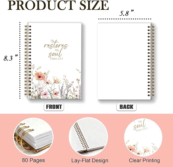 Bible Journal, Floral Spiral Notebook, Notebook for Bible Notes, Christian Gifts for Catholic Women Girls, 5.5x8.3 Inch - A08
