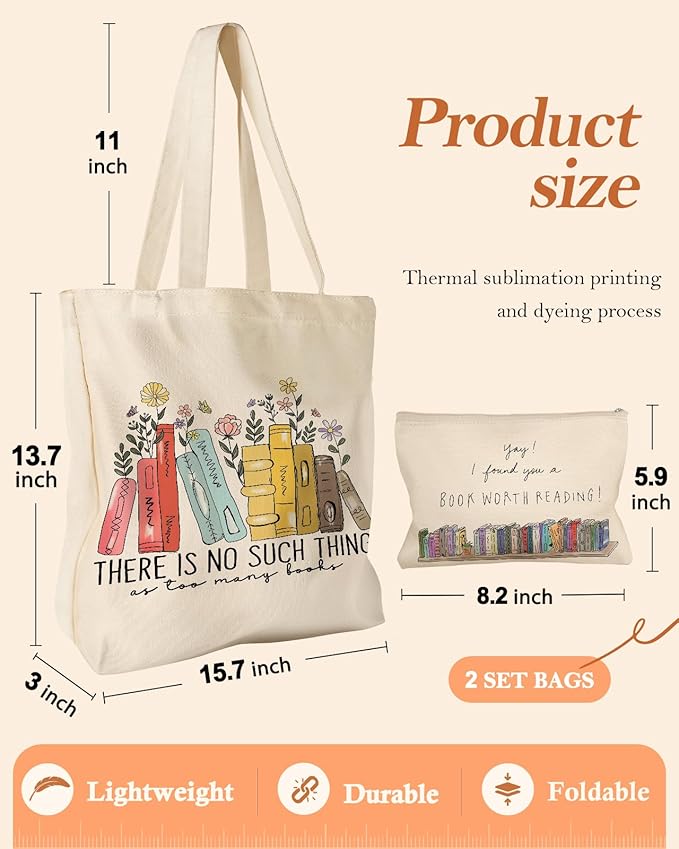 Miss Adola Aesthetic 2 Pack Canvas Tote Bag - with Makeup Zipper Pouch for Women Bag for Shopping, Gym, Travel, Vacation