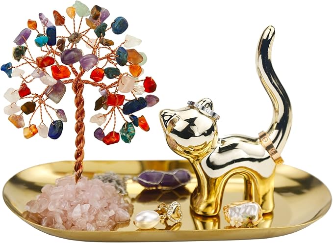 Carselage Cat Ring Holder Cat Lovers Gifts for Women, Crystal Tree Ring Dish Earrings Jewelry Box Organizer Trinket Tray, Birthday Gifts for Teen girls Trendy Stuff