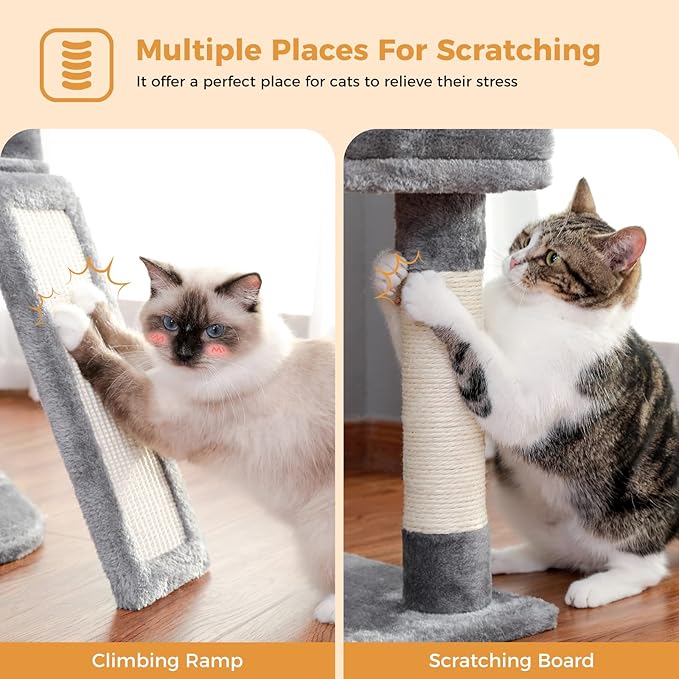 MUTTROS Cat Tree, Multi-Level Cat Tower for Indoor Cats, Cat Climbing Tree Condo with Sisal Covered Scratching Posts, Deep Hammock and Interactive Cat Toy, Gray