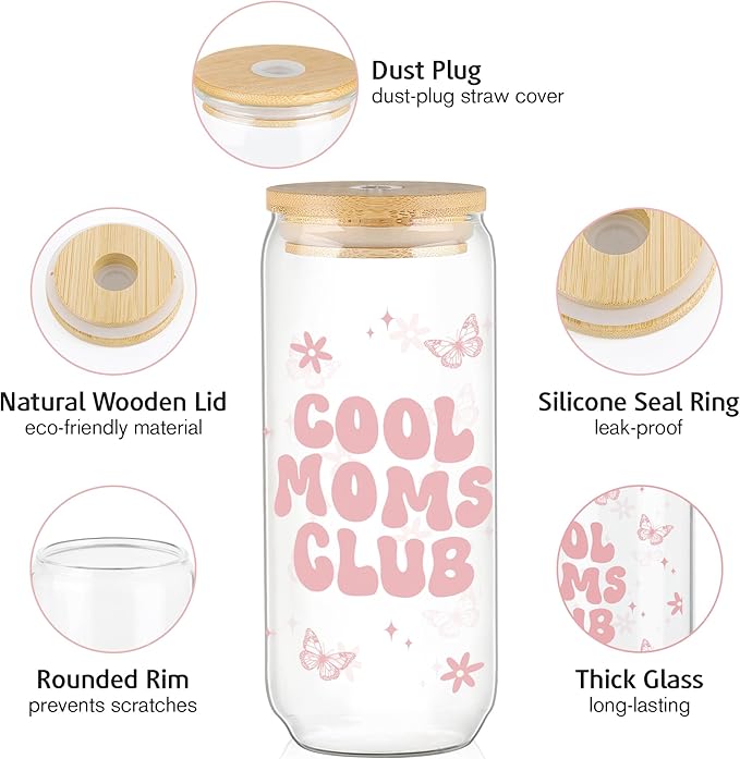 Joeyan Glass Cups with Lids and Straws - 20oz Iced Coffee Cup with Positive Crochet Penguin Doll, Cool Moms Club Glass Tumbler for Smoothie Boba Tea, Birthday Mothers Day Gift for Mom Wife Grandma