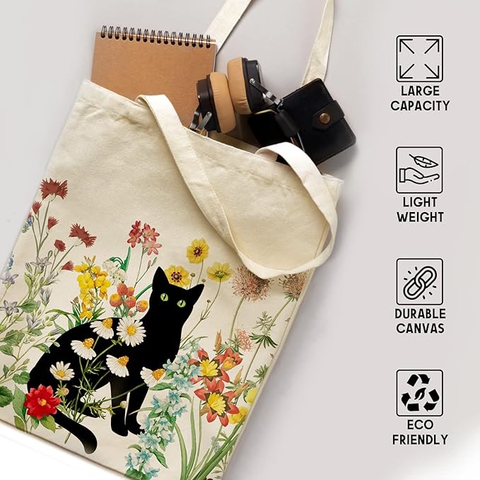 bmuvghi Black Cat Canvas Tote Bag with Zipper Pockets Vintage Flowers Cute Tote Bag Aesthetic Reusable Shopping Grocery Bags Birthday Gifts for Women