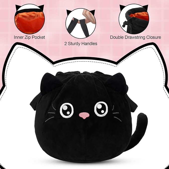 Cutecrop 7 Pcs Christmas Black Cat Gifts for Women Christmas Kitten Gift Sets for Women Black Cat Beanie Winter Hats Socks Kitten Drawstring Makeup Bag Animal Lover Presents for Mom Wife Coworker