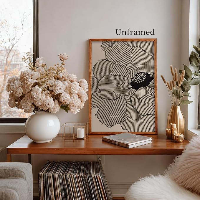 Abstract Black and Beige Flowers Canvas Wall Art, Neutral Floral Lines Poster, Modern Minimalist Floral Wall Decor, Boho Botanical Sketch Art Print for Living Room Bedroom 24x36in Unframed