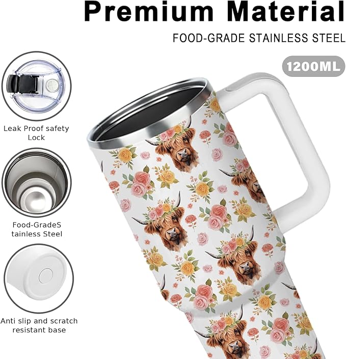 Highland Cow Tumbler 40oz, Cow Gifts for Woman for Cowgirls, Farming Gifts for Female Farmers for Cowgirl, Floral Cup Highland Cows Gift Travel Insulated Stainless Steel Coffee Travel Mug