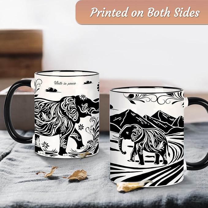 Elephant Gifts for Women, Elephant Mug 11Oz Mothers Day Birthday Gifts for Women, Black and White Boho Mug for Coffee, Tea and Milk, Ceramic Cup Microwave & Dishwasher Safe