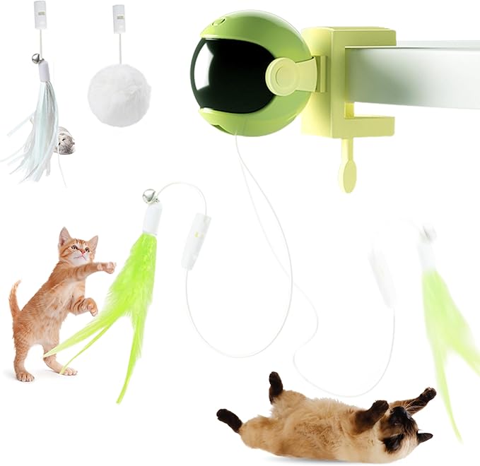Interactive Cat Toys for Indoor Cats, Hanging Automatic Kitten Feather Toys Retractable Rope, Cat Toys for Bored Indoor Adult Cats with Feather & Fluff Ball & Tassel
