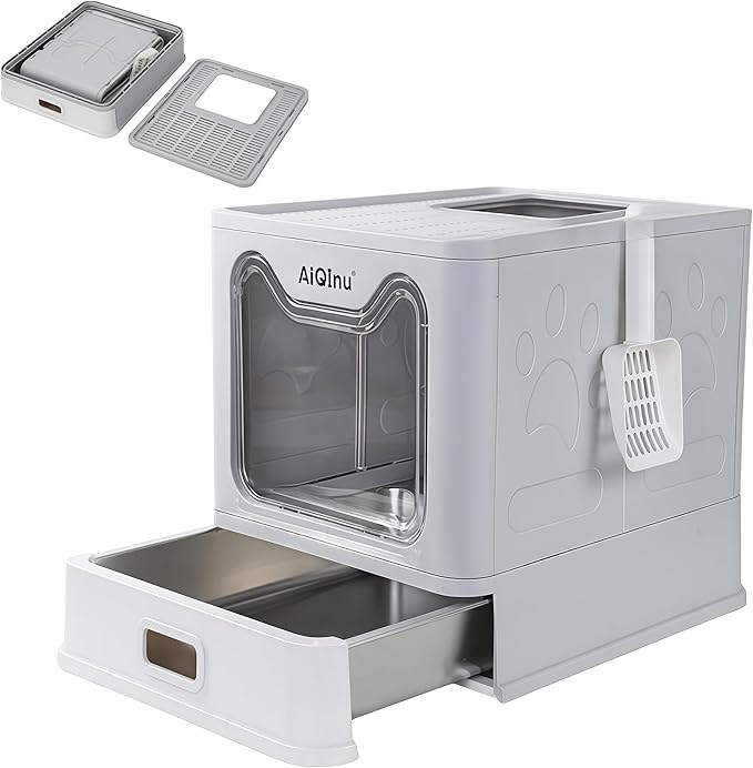 AiQInu Foldable Stainless Steel Cat Litter Box with Lid & Scoop, Large Enclosed Metal Litter Box with High Sides, Anti-Leakage & Odor Control, Easy Clean, for Big Cats Up to 20 LBS