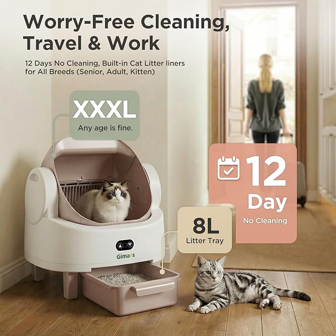 Gimars Open Top Design Self Cleaning Litter Box, Automatic Cat Litter Box for Multiple Cats & Senior Cats, App Control with Safety Sensors, Low Odor, Includes Trash Bags & Litter Mat