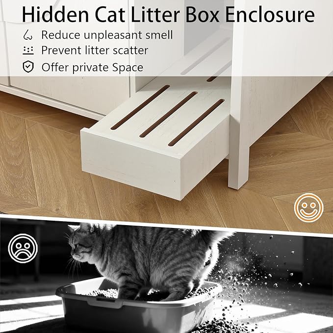 Cat-Faced Litter Enclosure for Placing Cat Robot 3/4, Power Outlet for More Choices, Litter Collector and Dog-Proof Adjustable Shelf (Antique White)