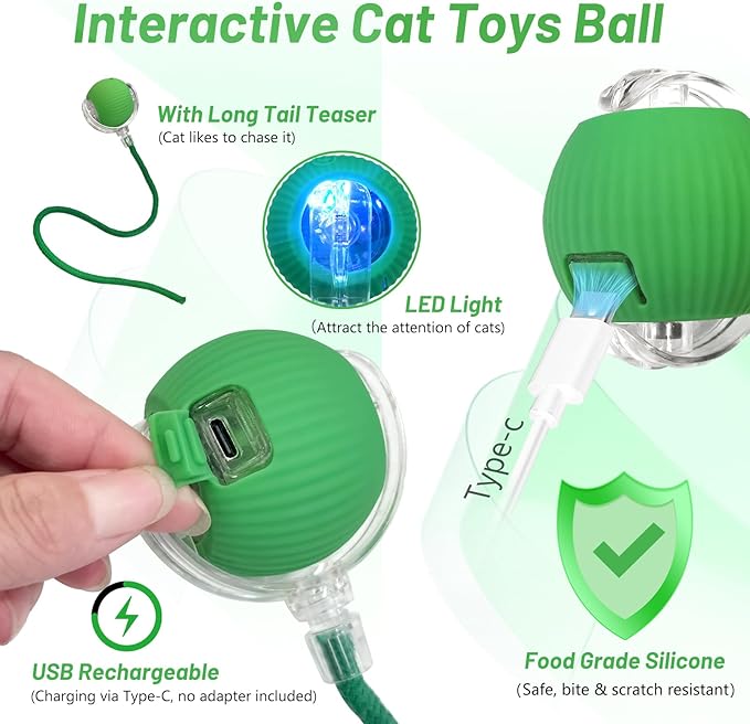 Smart Interactive Cat Toy - Automatic Moving Ball with 3 Modes, Motion Activated Self-Rolling with Long Tail & LED - Enrichment for Bored Indoor Cats (Green)