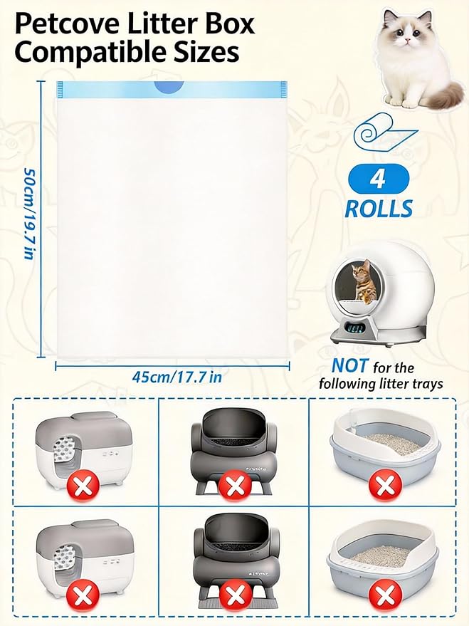 Litter Bags Compatible with Petcove,Durable Replacement Bags Compatible with Petcove Self Cleaning Box,18 x 16 Litter Bag Compatible with Petcove,4 Rolls