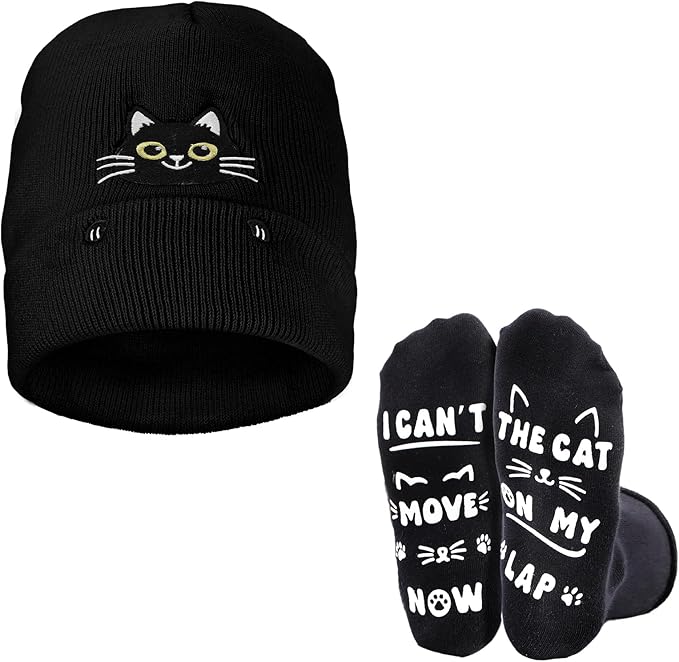Cat Beanie and Funny Socks for Women - Cute Warm Gifts for Cat Lovers