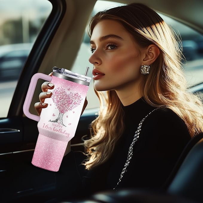 Gifts for 16 Year Old Girl - 16th Birthday Tumbler 40 oz with Straw, Pink Insulated Cup - Cool Birthday Present for Teen Girls, Daughter, Sweet 16 Gift