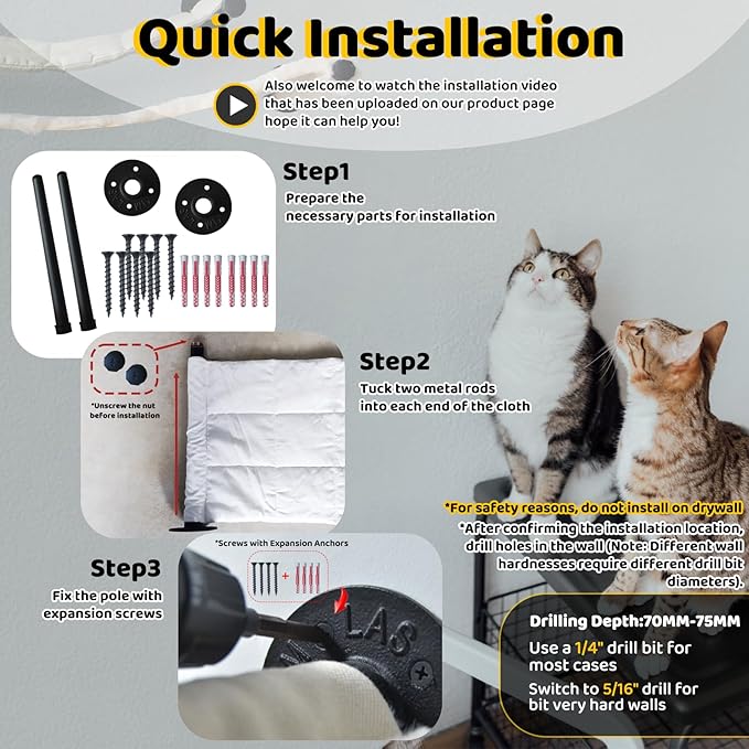 Cat Hammock Wall Mounted, 35.43 x 12.99 inch Wall Mounted Cat Shelves, Metal Brackets Cats Beds for Sleeping, Playing, Climbing and Resting Stabilized Wall Furniture for Large Cats or Kitty
