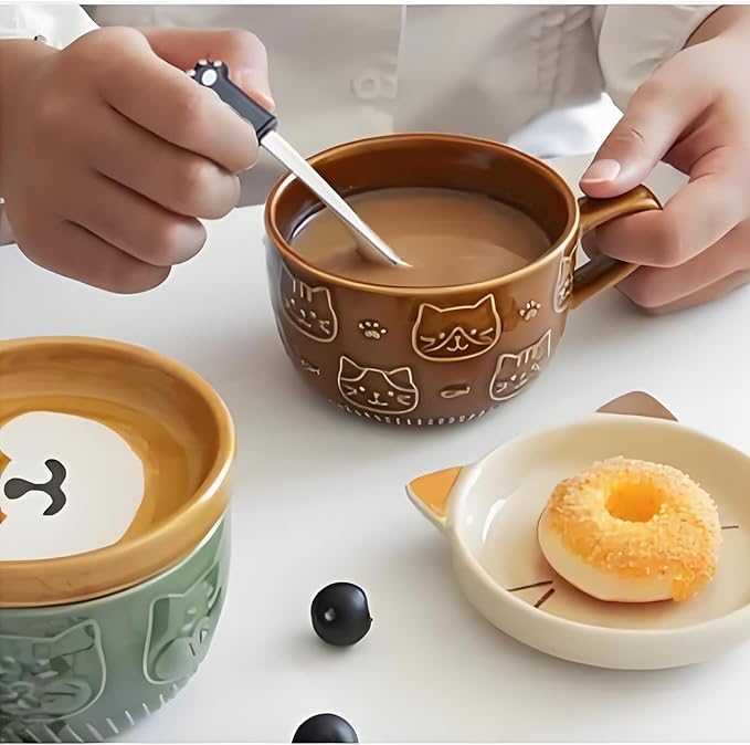 Cute Cat Coffee Mug with Lid,Animal Tea Cup with Saucer Set,Kawaii Ceramic Mugs with Biscuit Holder and Spoon,Gifts for Women,Teacher,Friend,for Mothers Day,Easter,Christmas (Yellow Cat)
