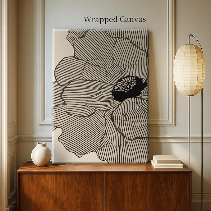 Abstract Black and Beige Flowers Canvas Wall Art, Neutral Floral Lines Poster, Modern Minimalist Floral Wall Decor, Boho Botanical Sketch Art Print for Living Room Bedroom 16x20in Wrapped Canvas