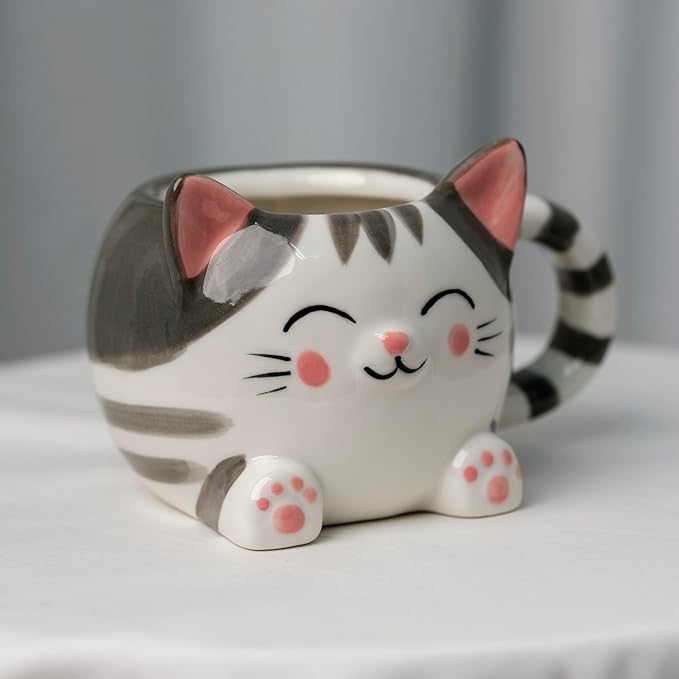 Cute Cat Coffee Mug – 16oz Ceramic Animal Mug, Handmade Gift for Cat Lovers, Cute Kawaii Coffee & Tea Cup – Gray Tabby