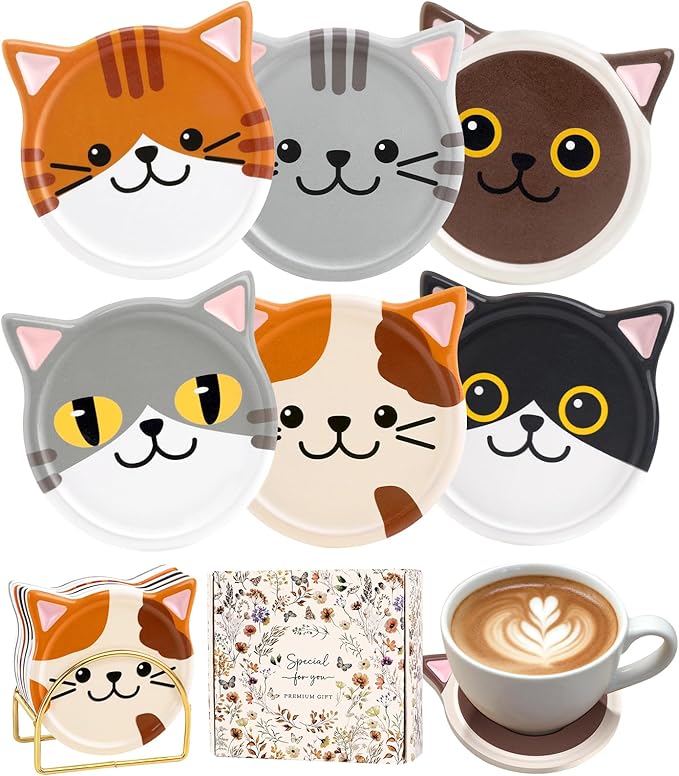 Oqplog Cat Drink Coasters for Cat Lovers Gifts Desk Coffee Table Set of 6-Funny Ceramic Cup Holder Coaster for Home Office Cute Decor Accessories for Women Family