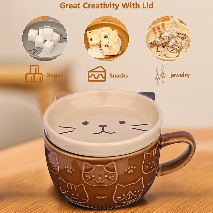 Cute Ceramic Cat Coffee Mug with Lid,Kawaii Coffee Mugs or Tea Cups for Cat Lovers,Funny Novelty Breakfast Mugs for Women Wife Mum Girls Boys Friends Kids Christmas Birthday Gift,300ML（Brown）