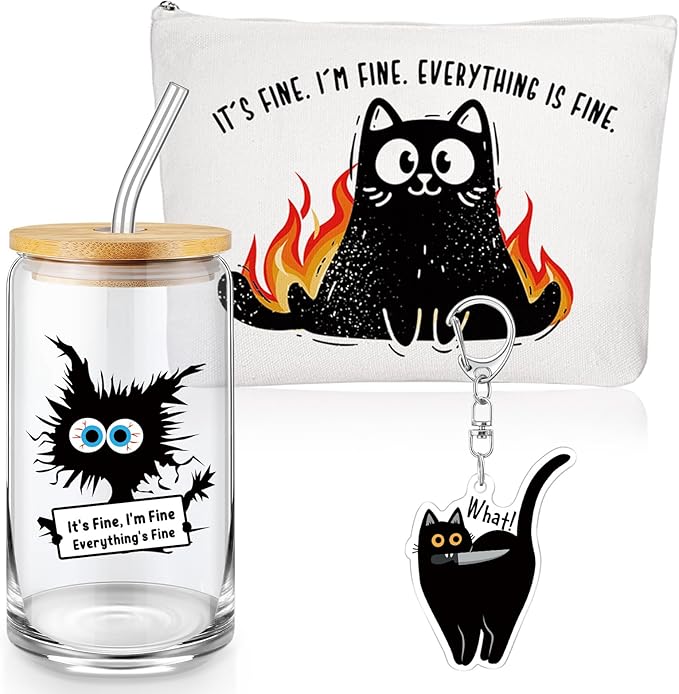 Hushee 3 Pcs Cat Lover Gifts for Women Gifts Everything Is Fine Makeup Bag and Glass Cup with Lid Straw Keychain for Mother Day Friends Mom Coworker Favors