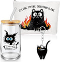 Hushee 3 Pcs Cat Lover Gifts for Women Gifts Everything Is Fine Makeup Bag and Glass Cup with Lid Straw Keychain for Mother Day Friends Mom Coworker Favors