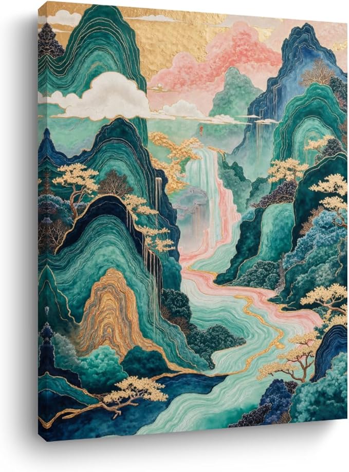 Waterfall Print Japanese Wall Art, Housewarming Gifts, Nature Landscape Framed Canvas Painting Room Decor, Vintage Aesthetic Painting for Living Room Entryway Office Bedroom Decoration 15x11.4 inch